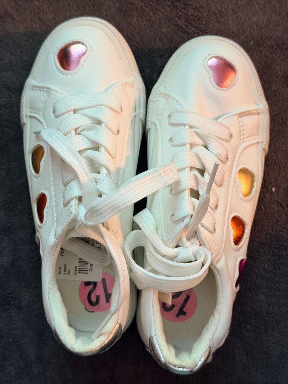 Kids White Sneakers with Iridescent Heart Accents